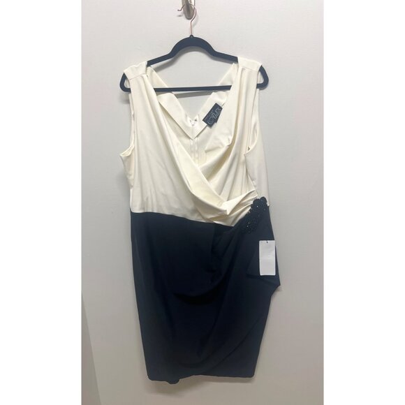Plus Size Black & White Sleeveless Draped Dress With Beaded Detail Elegant Midi - Picture 1 of 9